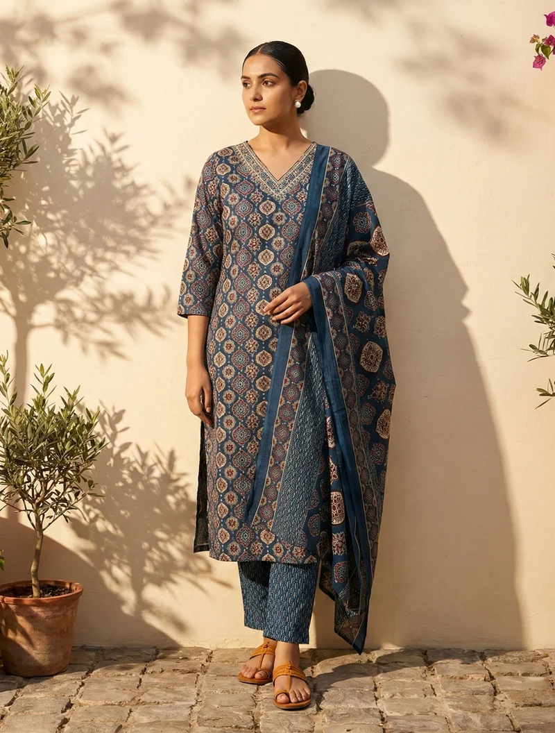 ترو برونز trueBrowns Blue Print Embroidered  V-Neck Kurta Pant Dupatta Set